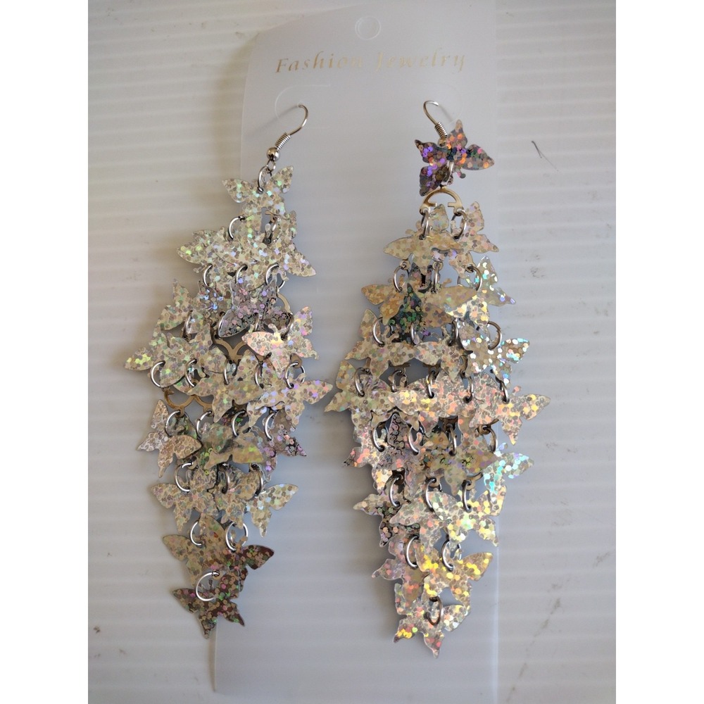 Ethnic Silver Butterfly Tassel Long Drop Dangle‎ Earrings Gradient Bohemian